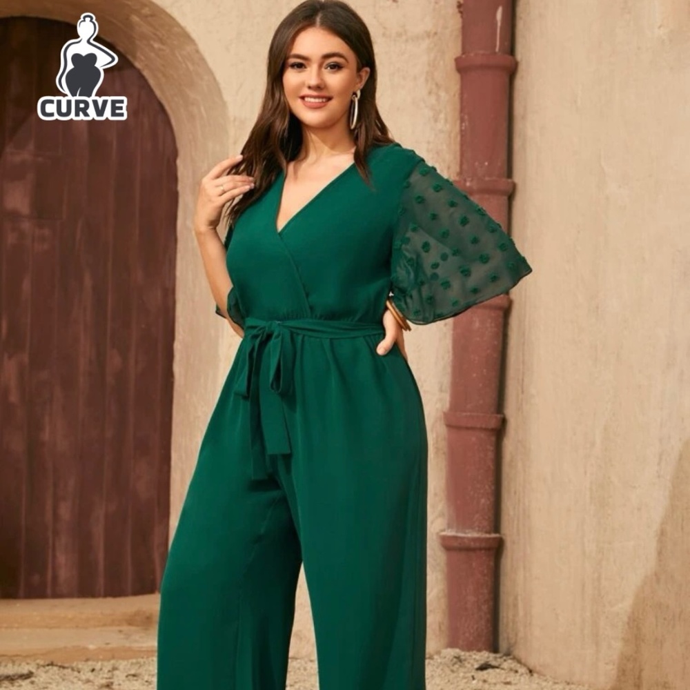 Plus Swiss Dot Butterfly Sleeve Wide Leg Belted Jumpsuit